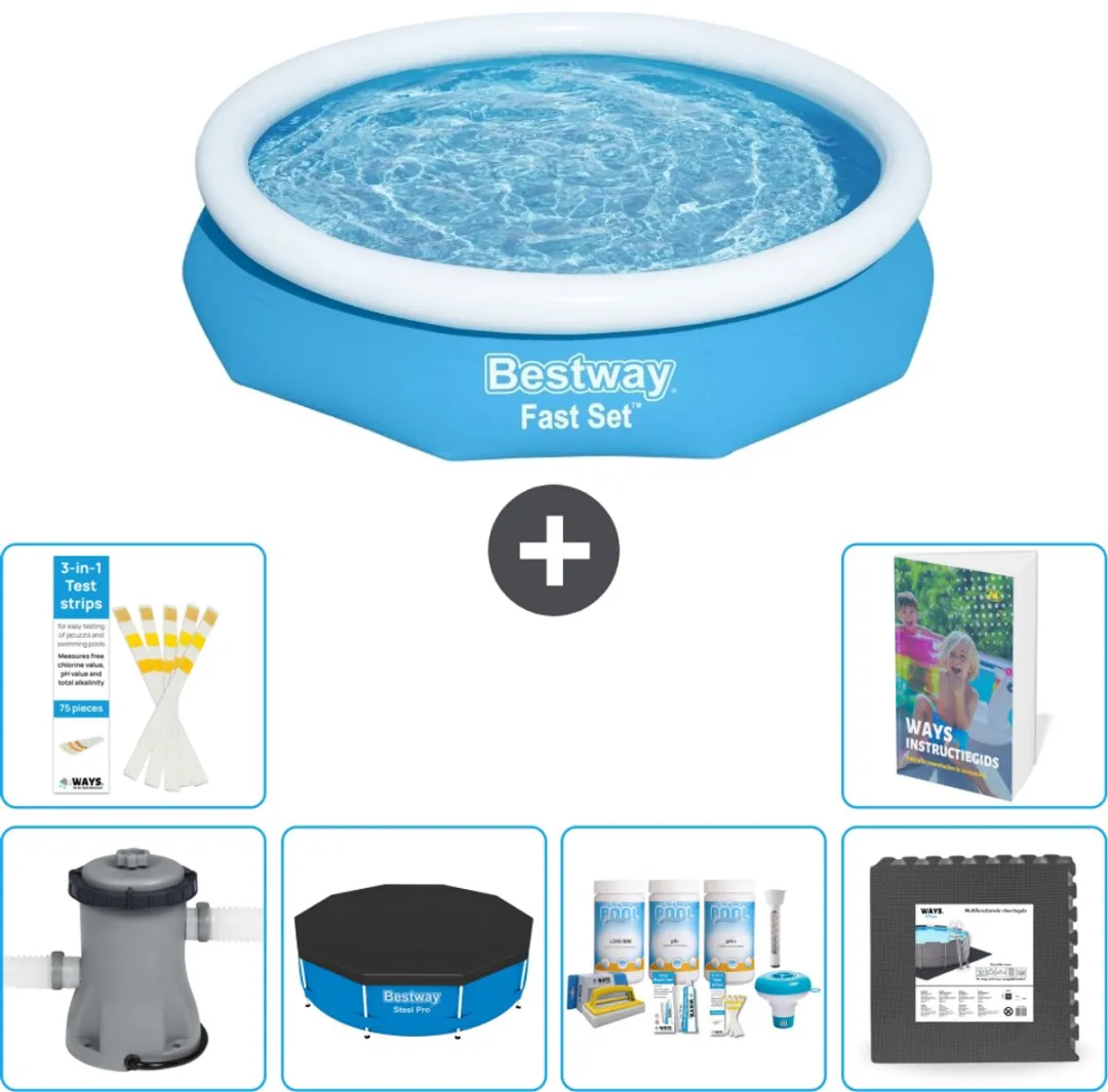 Bestway Rond Opblaasbaar Fast Set Zwembad - 305 x 66 cm - Blauw - Inclusief Pomp Afdekzeil - Onderhoudspakket - Vloertegels - 7-delig
