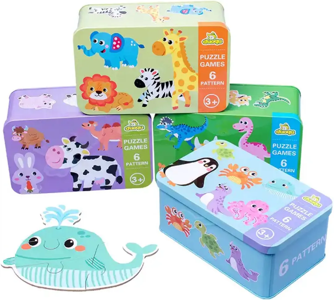 6 in 1 dieren houtenpuzzel in blik