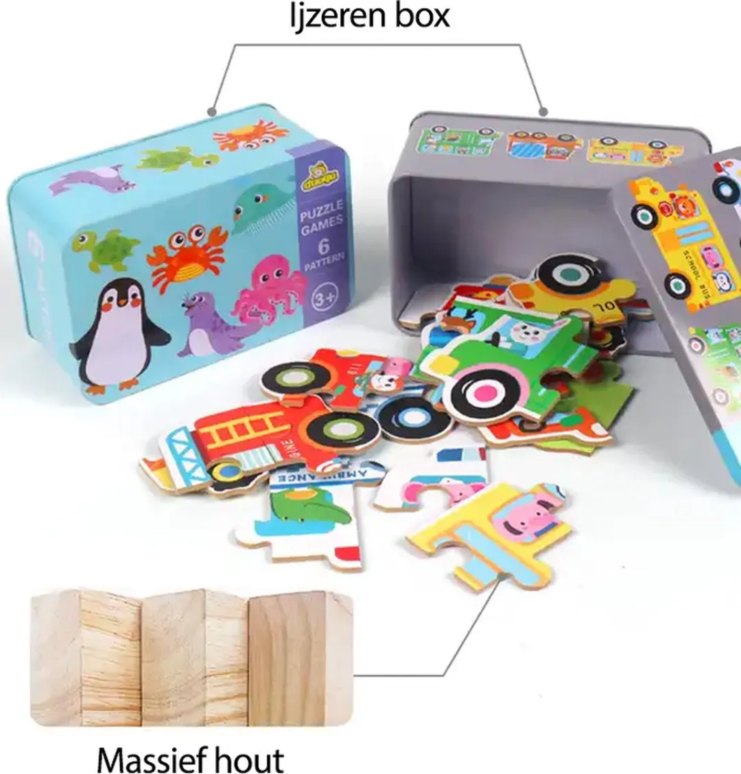 6 in 1 dieren houtenpuzzel in blik
