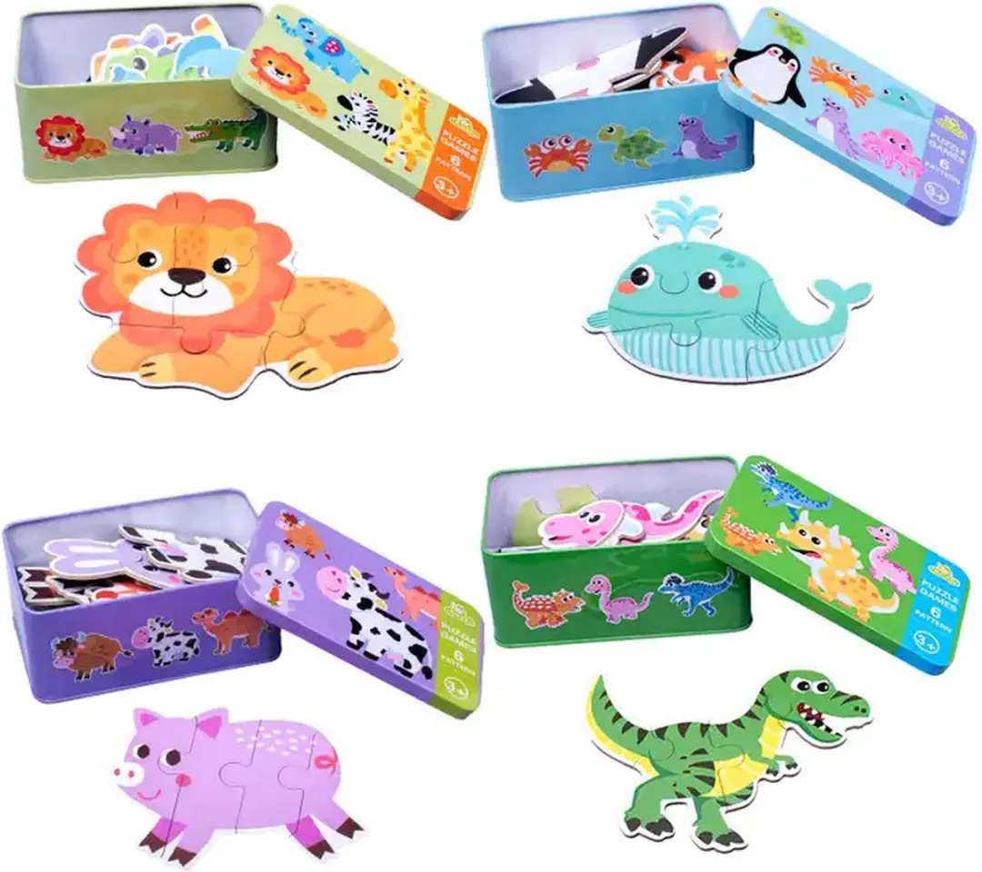 6 in 1 dieren houtenpuzzel in blik