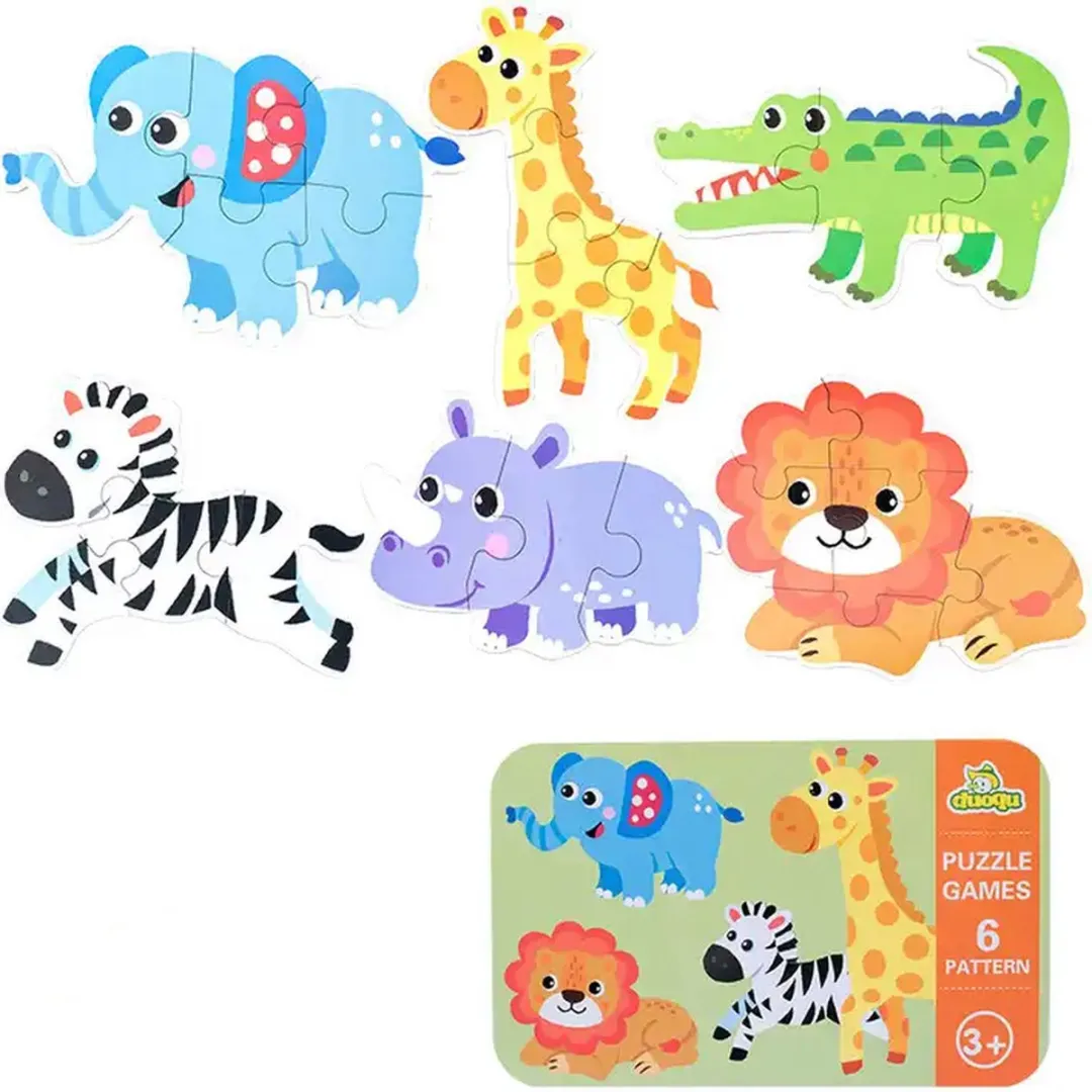 6 in 1 dieren houtenpuzzel in blik