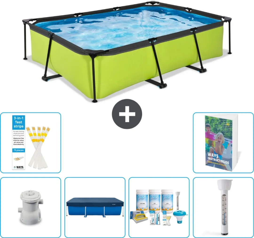 EXIT Rechthoekig Lime Frame Zwembad - 300 x 200 x 65 cm - Inclusief Pomp Afdekzeil - Onderhoudspakket - Thermometer - 7-delig