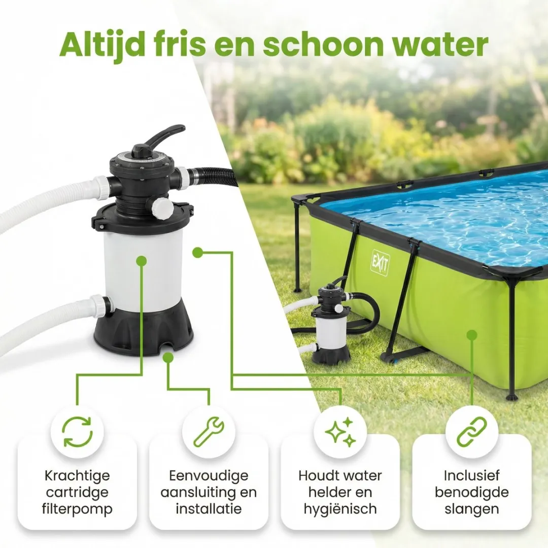 EXIT Rechthoekig Lime Frame Zwembad - 300 x 200 x 65 cm - Inclusief Pomp Afdekzeil - Onderhoudspakket - Thermometer - 7-delig