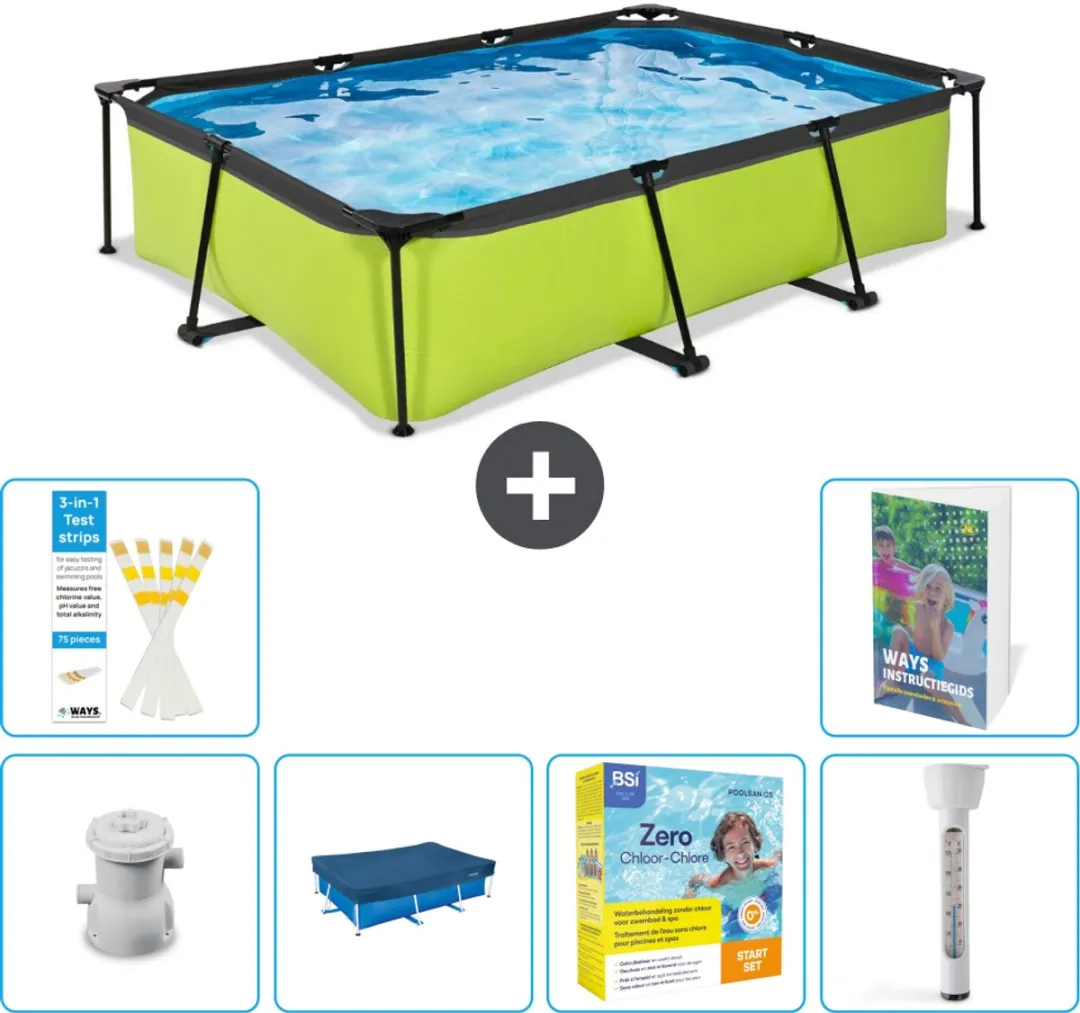 EXIT Rechthoekig Lime Frame Zwembad - 300 x 200 x 65 cm - Inclusief Pomp Afdekzeil - Onderhoudspakket - Thermometer - 7-delig