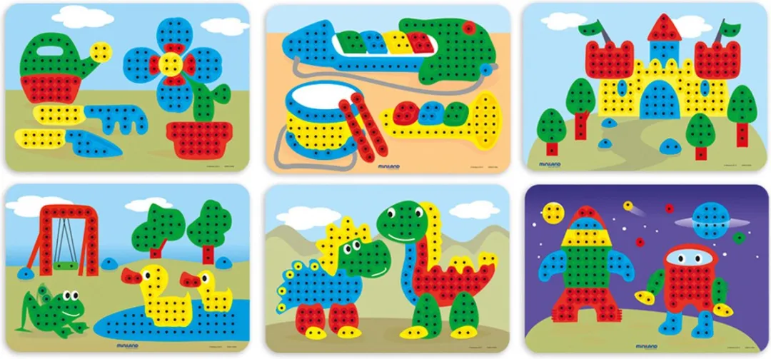 Miniland Mozaïek Pegs 230 Stuks + 6 Werkbladen - Multi Kleuren
