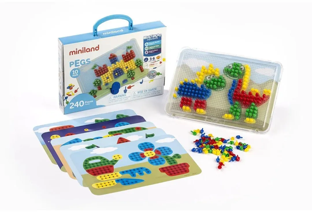 Miniland Mozaïek Pegs 230 Stuks + 6 Werkbladen - Multi Kleuren