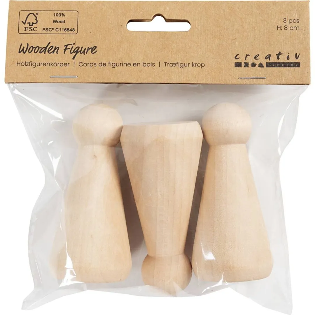 Creativ Company Houten Kegel Figuren 8cm - Multicolor - 3 Stuks