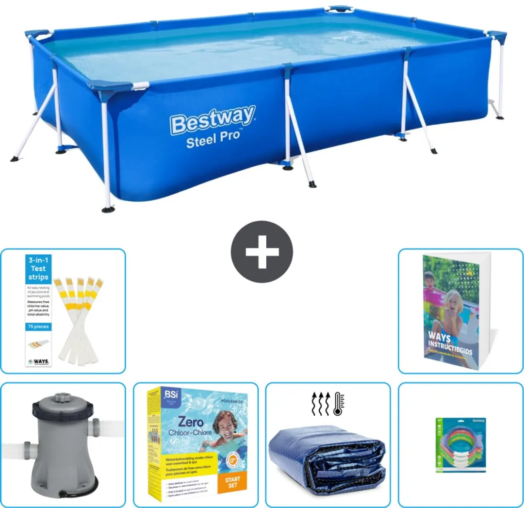 Bestway Rechthoekig Steel Pro Zwembad - 300 x 201 x 66 cm - Blauw - Inclusief Pomp Onderhoudspakket - Solarzeil - Speelgoed - 7-delig