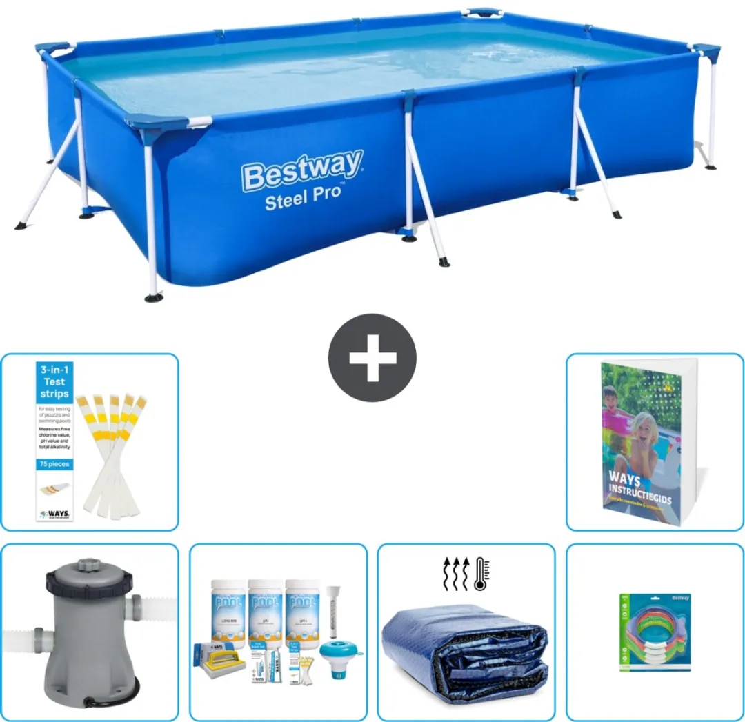 Bestway Rechthoekig Steel Pro Zwembad - 300 x 201 x 66 cm - Blauw - Inclusief Pomp Onderhoudspakket - Solarzeil - Speelgoed - 7-delig