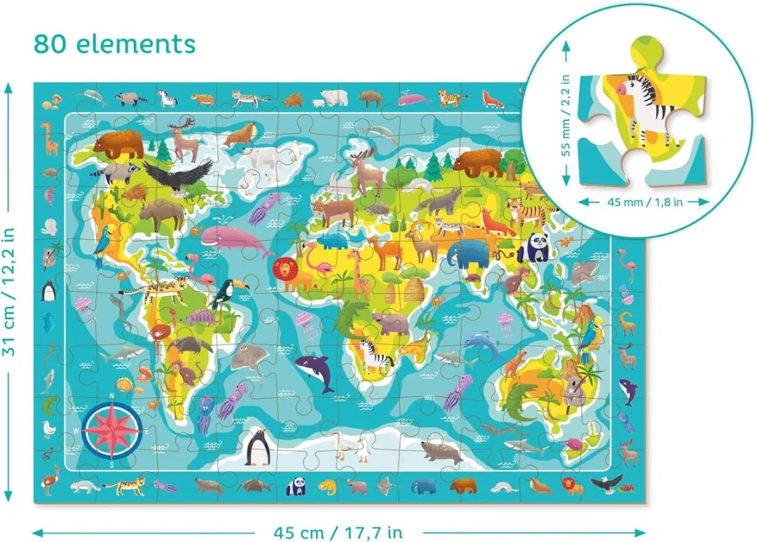 Dodo Toys Wereldkaart Puzzel 80 Stuks - 31x45cm - Dieren - Zoekboek