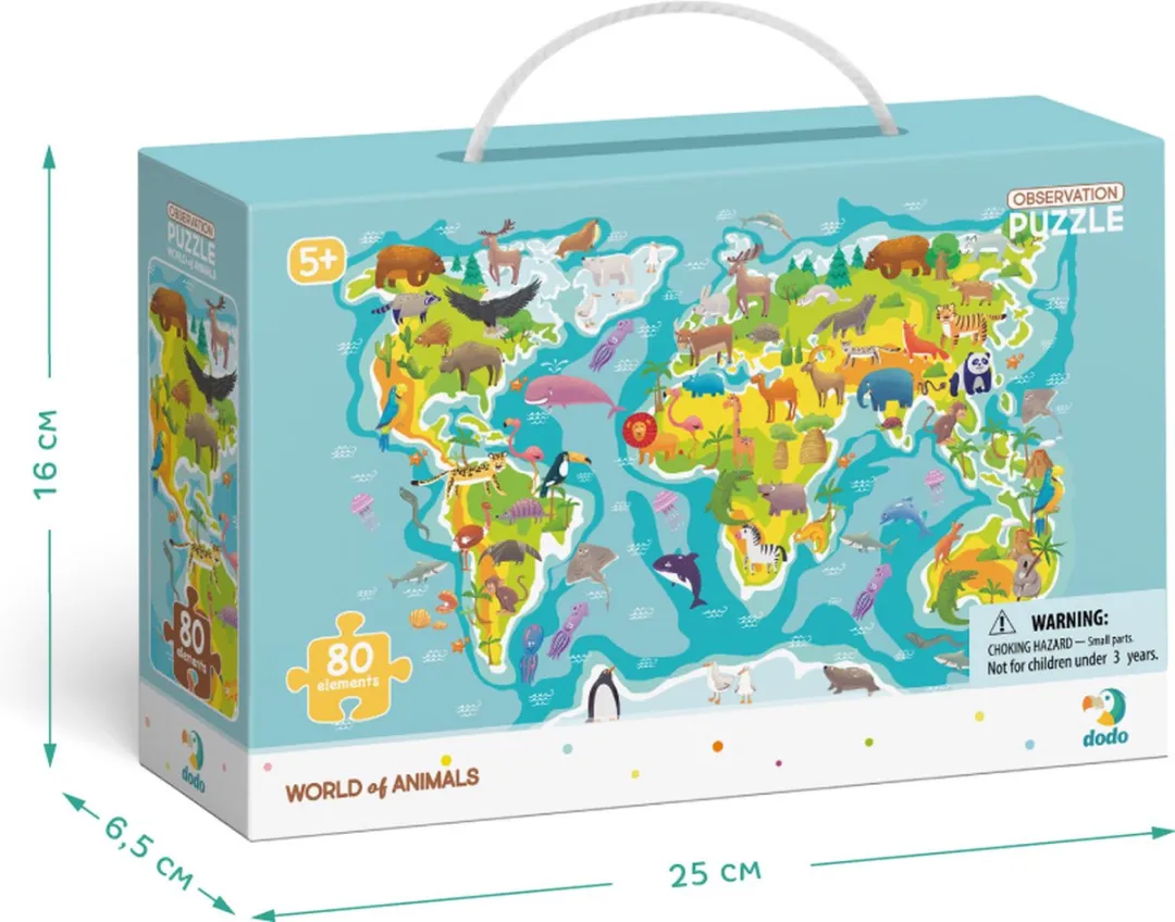 Dodo Toys Wereldkaart Puzzel 80 Stuks - 31x45cm - Dieren - Zoekboek