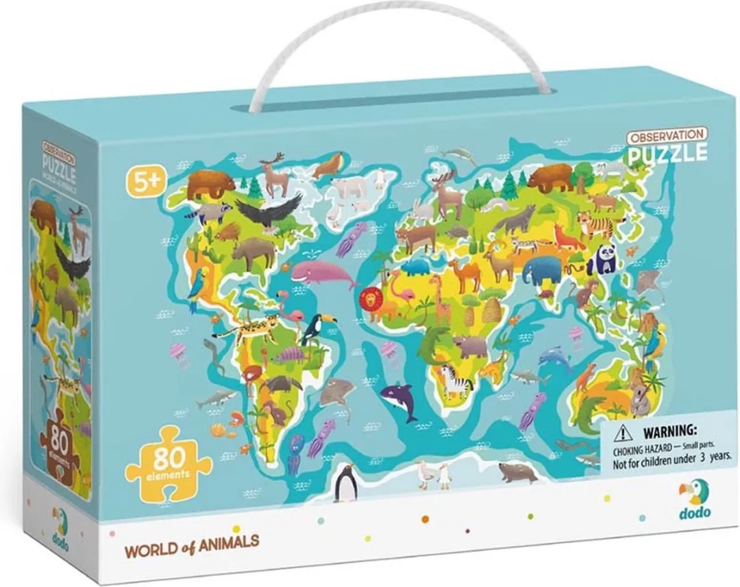 Dodo Toys Wereldkaart Puzzel 80 Stuks - 31x45cm - Dieren - Zoekboek