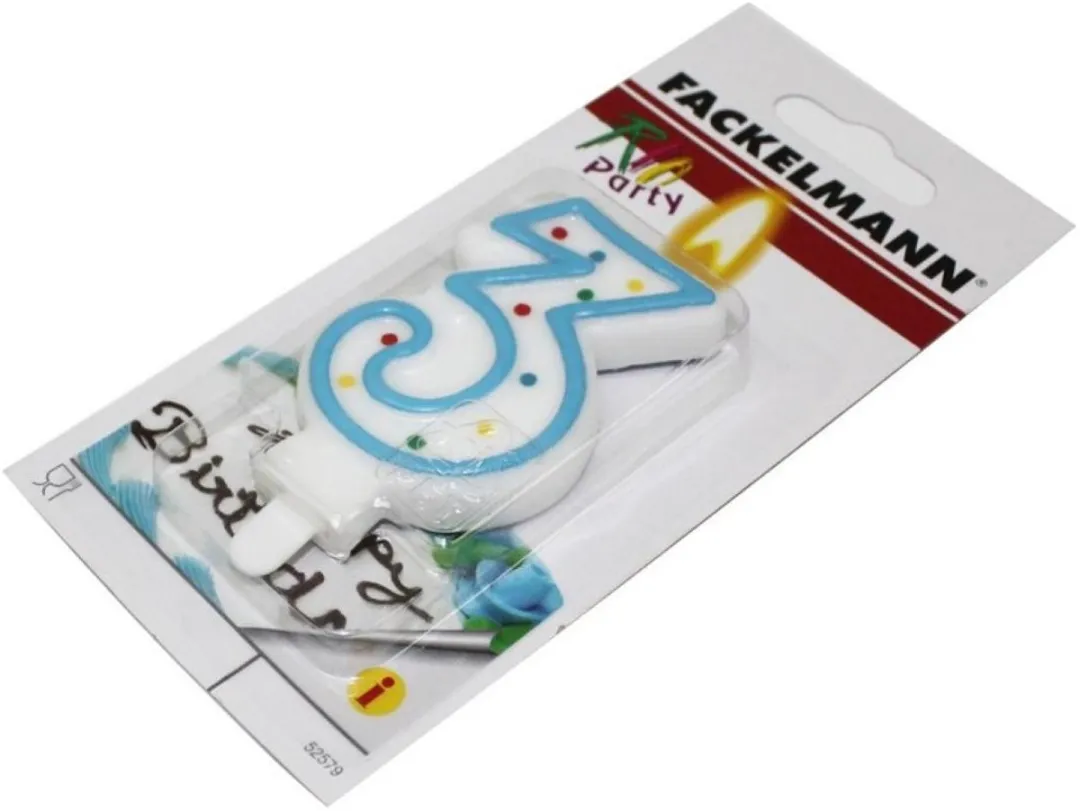 Fackelmann Verjaardagskaars Cijfer 3 - 8,5x4,5cm - Blauw/wit