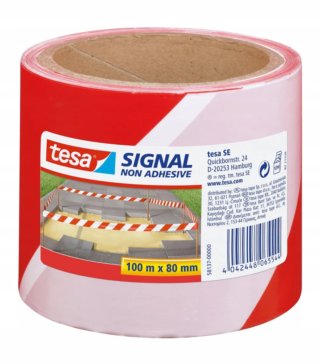 Tesa Afzetlint Rood/Wit 8cm x 100m
