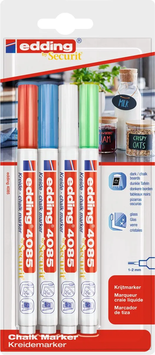 edding 4085 Krijtmarker - 4 Stuks Rood/Wit/Lichtblauw/Neon Groen