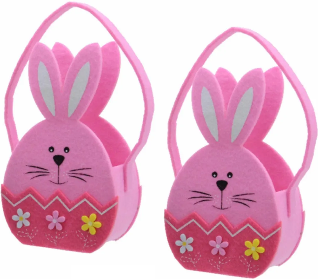 Decoris Paaseieren mandje - Paashaas - roze - vilt - 11 x 20 cm - Paasmandjes