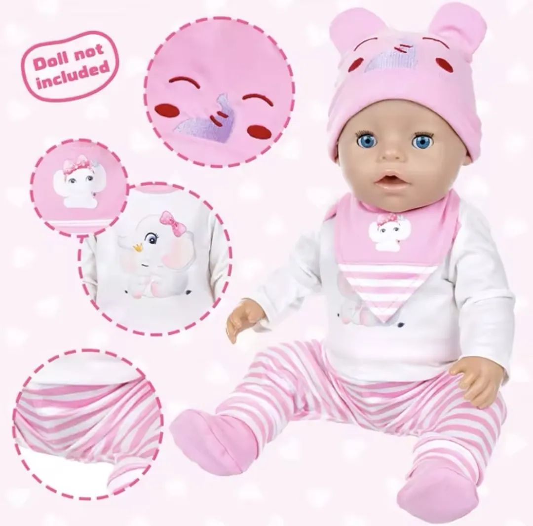 Happy U Kids Casual Outfit Olifant - Poppenkleding 42/43cm - Roze/Wit - MPN 003999