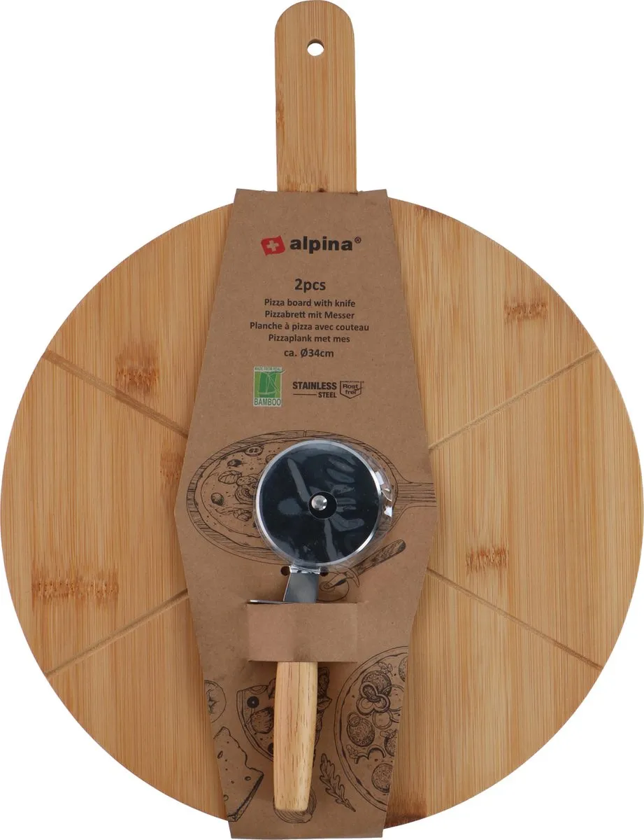 Alpina Pizzaplank met Pizzasnijder - Ø34cm - Zilver