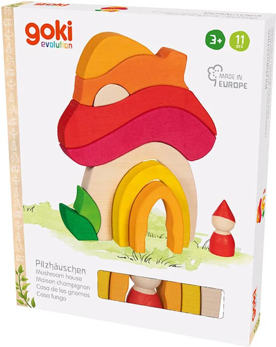 Goki Mushroom House Poppenhuis - Multicolor - 1 Pop + 11 Meubels