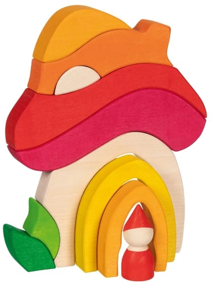 Goki Mushroom House Poppenhuis - Multicolor - 1 Pop + 11 Meubels