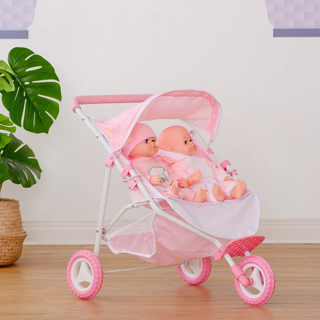 Teamson Kids Dubbel Poppenwagen - Roze/Sterren OL-00012