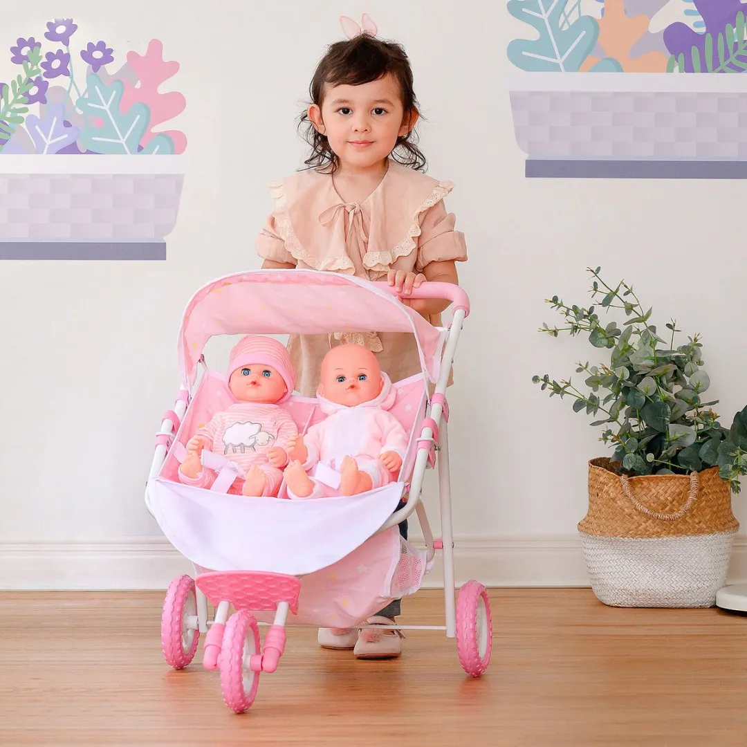 Teamson Kids Dubbel Poppenwagen - Roze/Sterren OL-00012