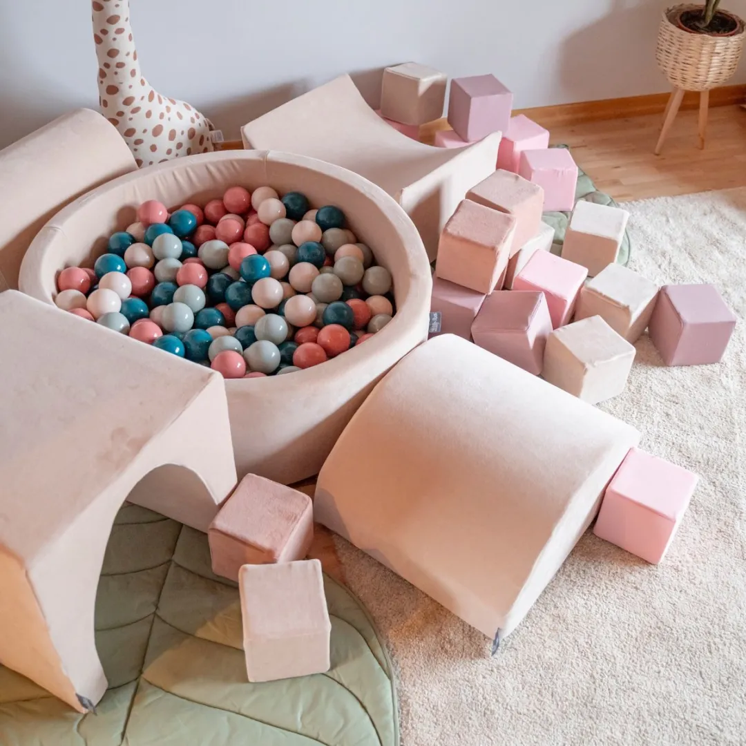 KiddyMoon Ballenbakballen Ø7cm - 300 Stuks - Donker turkoois/Pastelbeige/Groen-grijs/Zalm