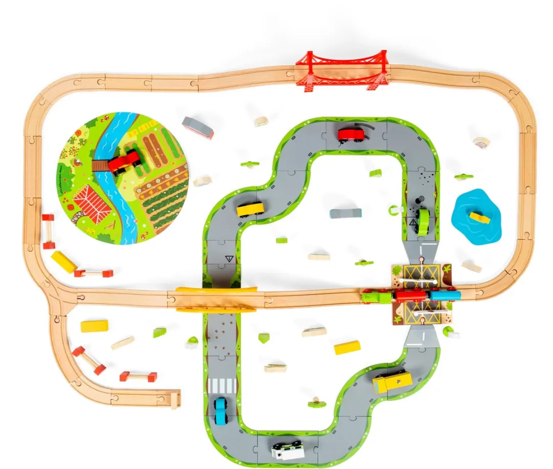 BigJigs Houten Weg en Treinset Platteland BJT021 - 70 Stuks - Multi
