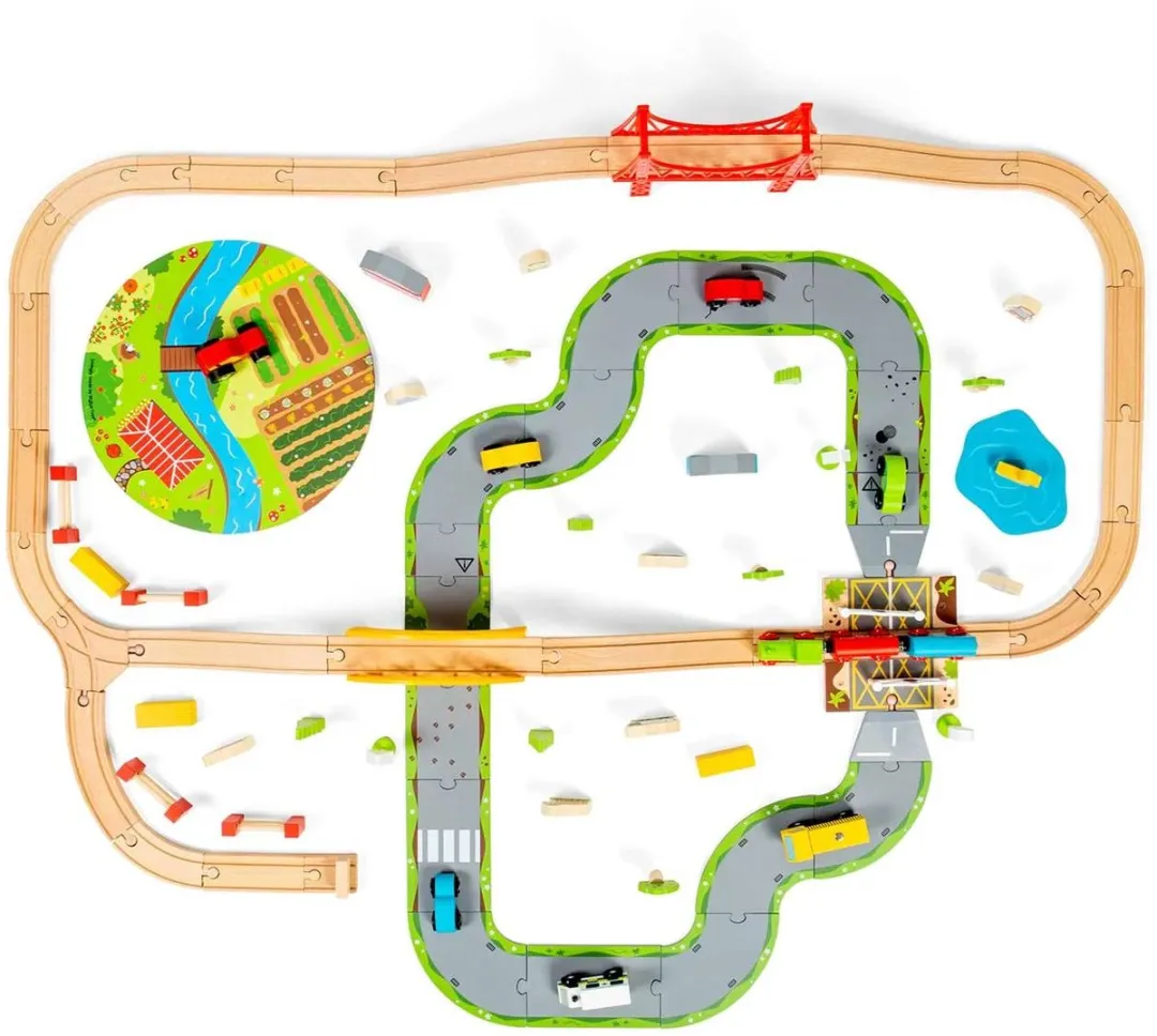 BigJigs Houten Weg en Treinset Platteland BJT021 - 70 Stuks - Multi