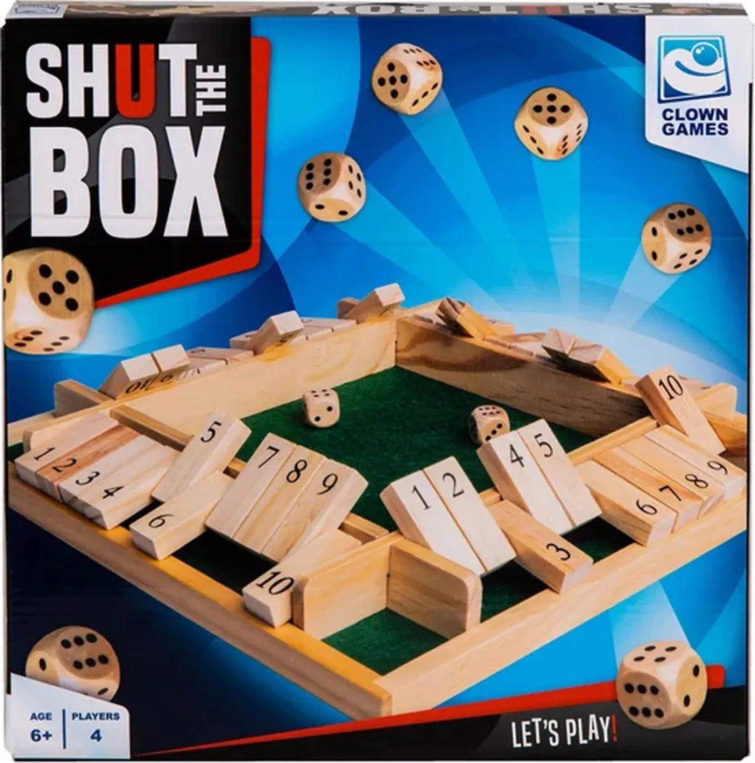 Clown Games Shut the Box - Houten Speelbak 29x29cm - 2 Dobbelstenen