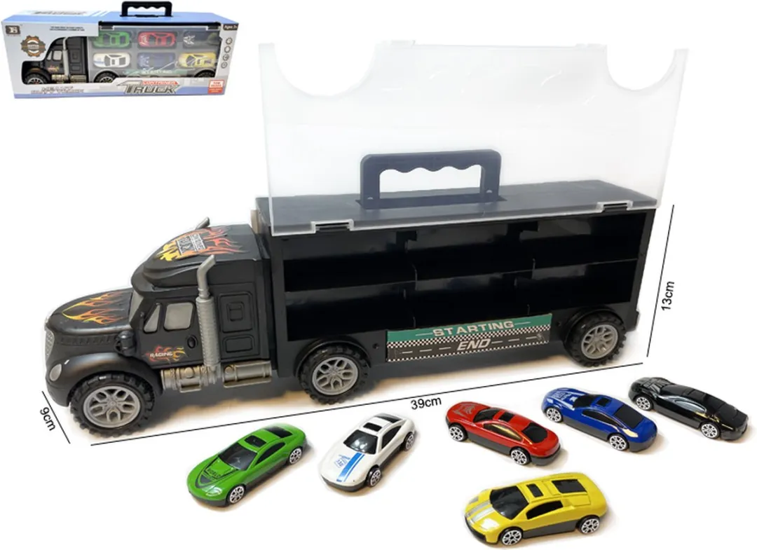 YJ Toys Vrachtwagen Transporter Truck 39cm - 6-delig - 12 Auto's - Mix