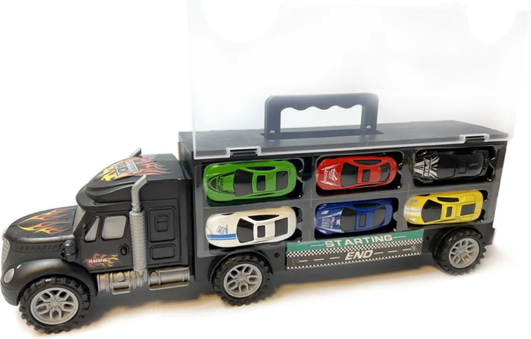 YJ Toys Vrachtwagen Transporter Truck 39cm - 6-delig - 12 Auto's - Mix