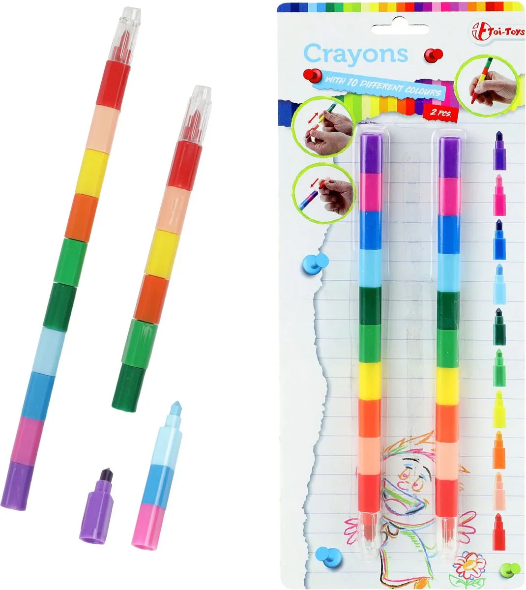 Toi-Toys Waskrijt Pen 10-in-1 - 2 Stuks Multicolor