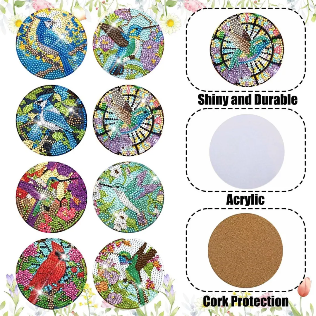 VDTOYS Diamond Painting Onderzetters Set D Vogels - 8 Stuks