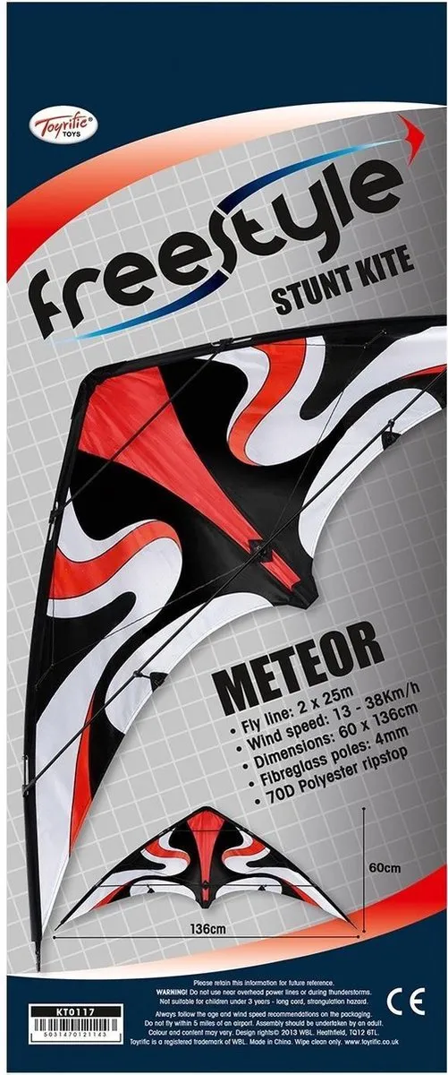 Toyrific Vlieger Meteor 136 X 60 Cm Rood - Stuntvlieger met Ripstop Nylon en Glasvezel Frame - Inclusief 25m Vlieglijn