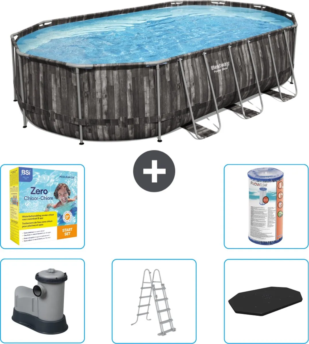 Bestway Power Steel Ovaal Zwembad 610x366x122cm - Grijs