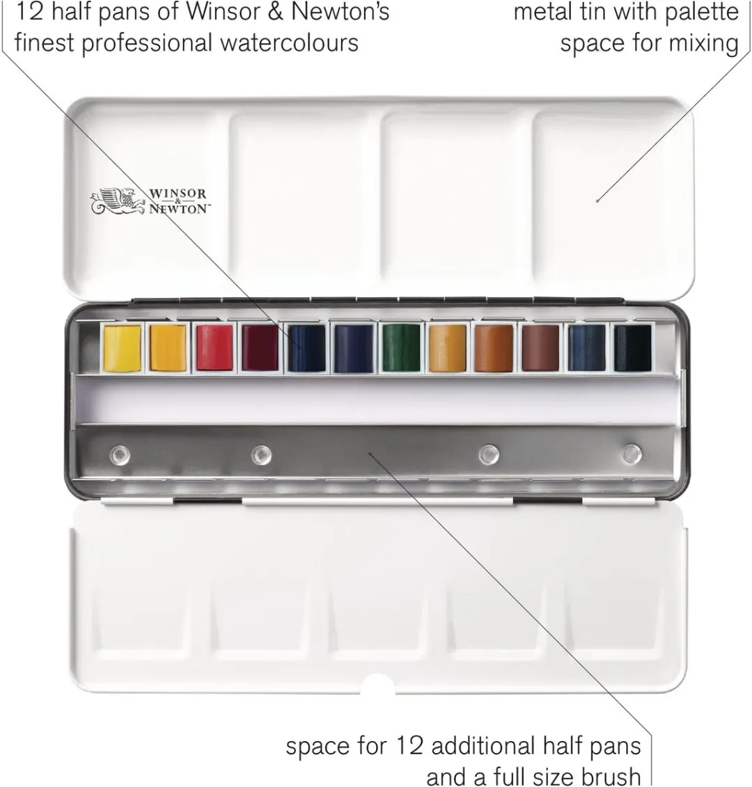 Winsor & Newton Professionele Waterverf Set 12 Halve Pans - Reistrolley