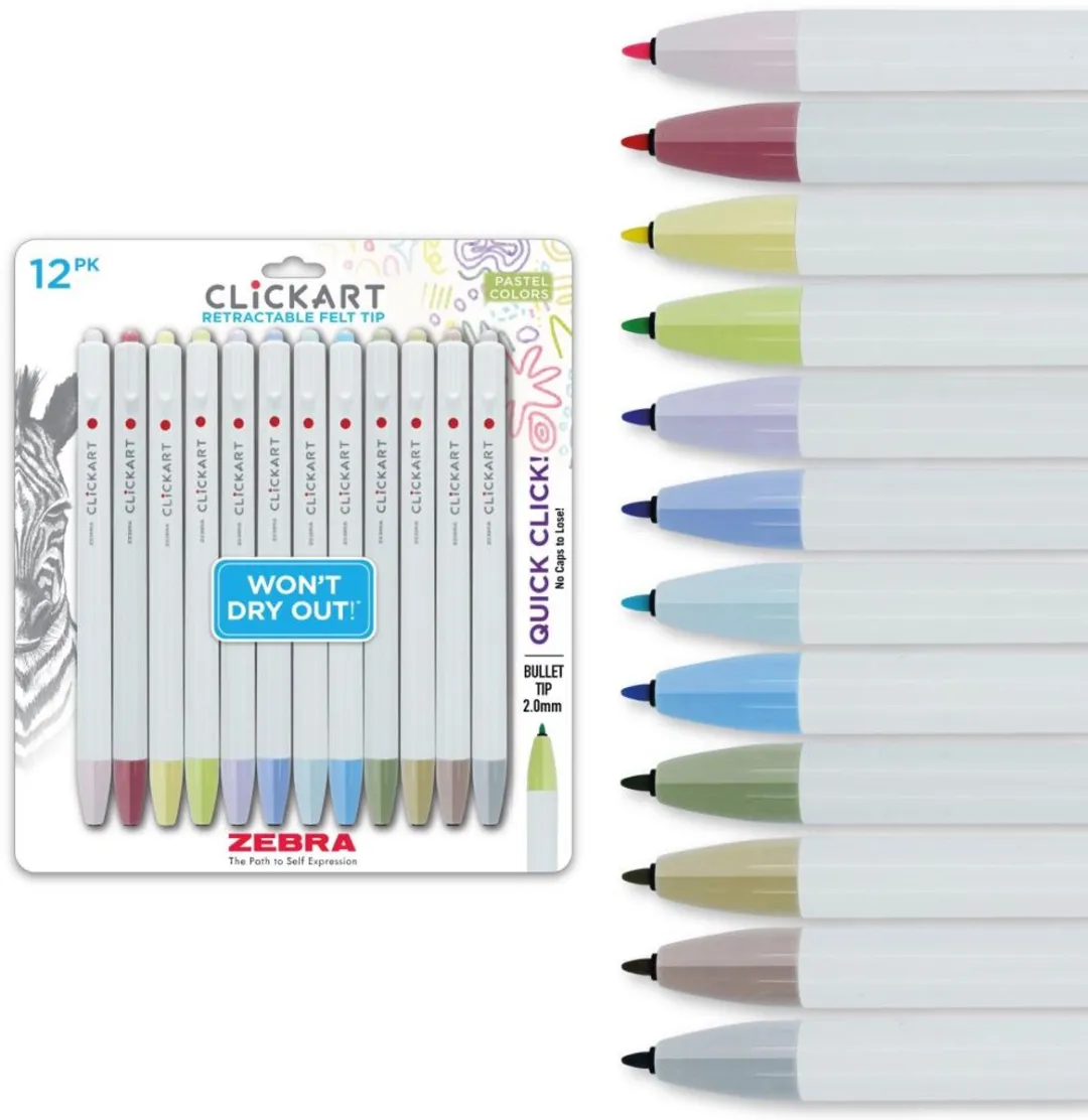 Zebra ClickArt Retractable Viltstift 0.6mm - 12 Stuks - Pastel