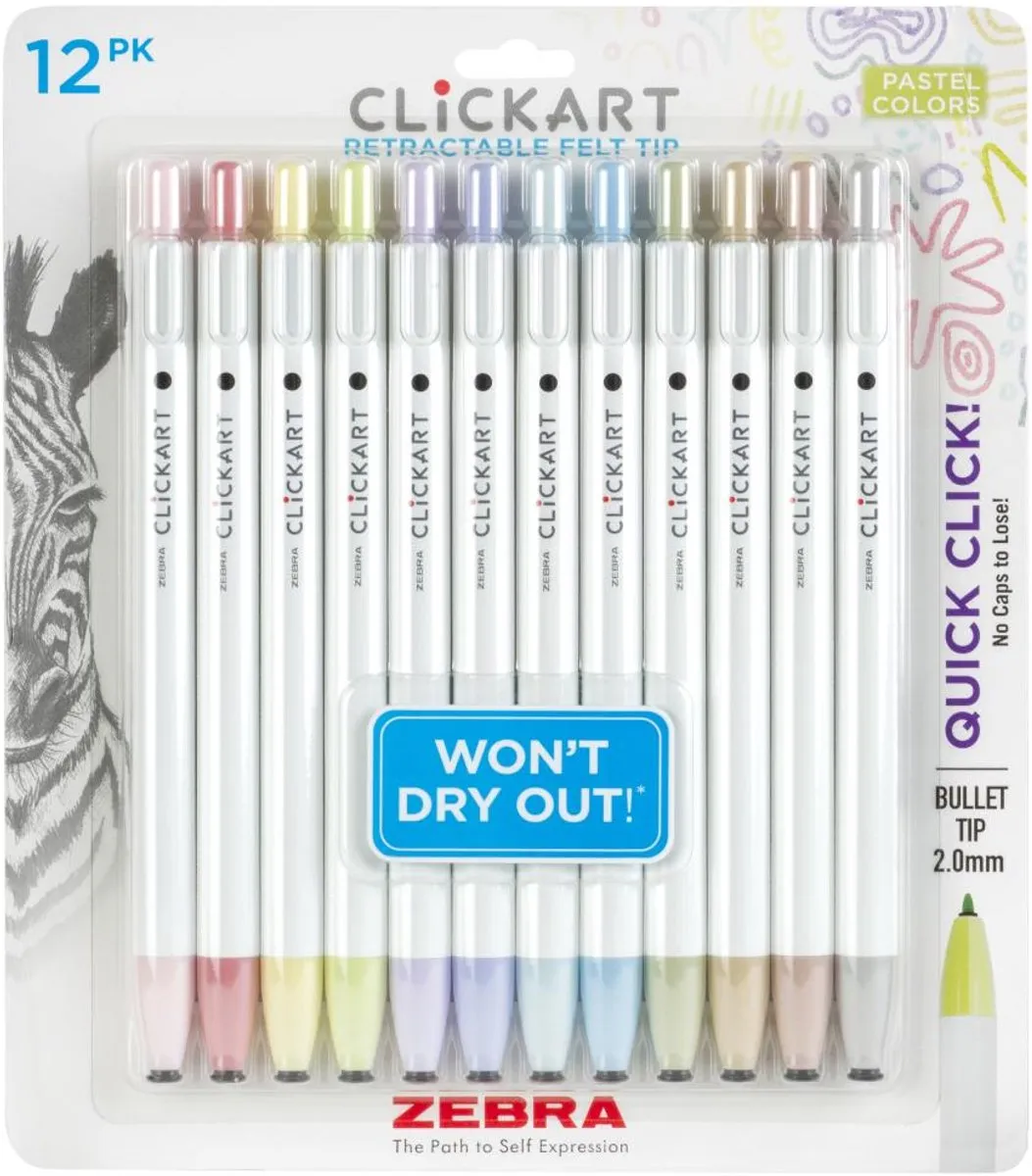 Zebra ClickArt Retractable Viltstift 0.6mm - 12 Stuks - Pastel