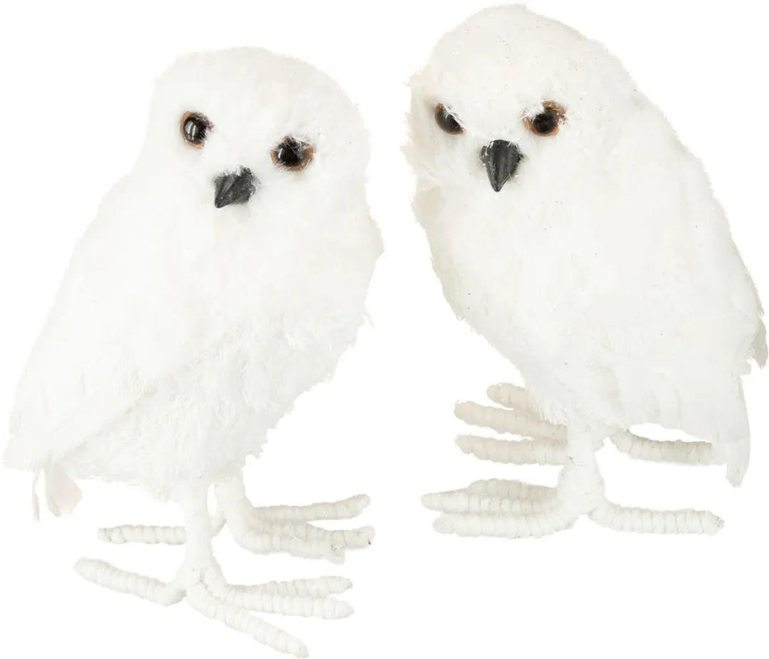 Sneeuwuil decoratieve uil wit met bont en veren 15,5cm 2st, 2 Stück