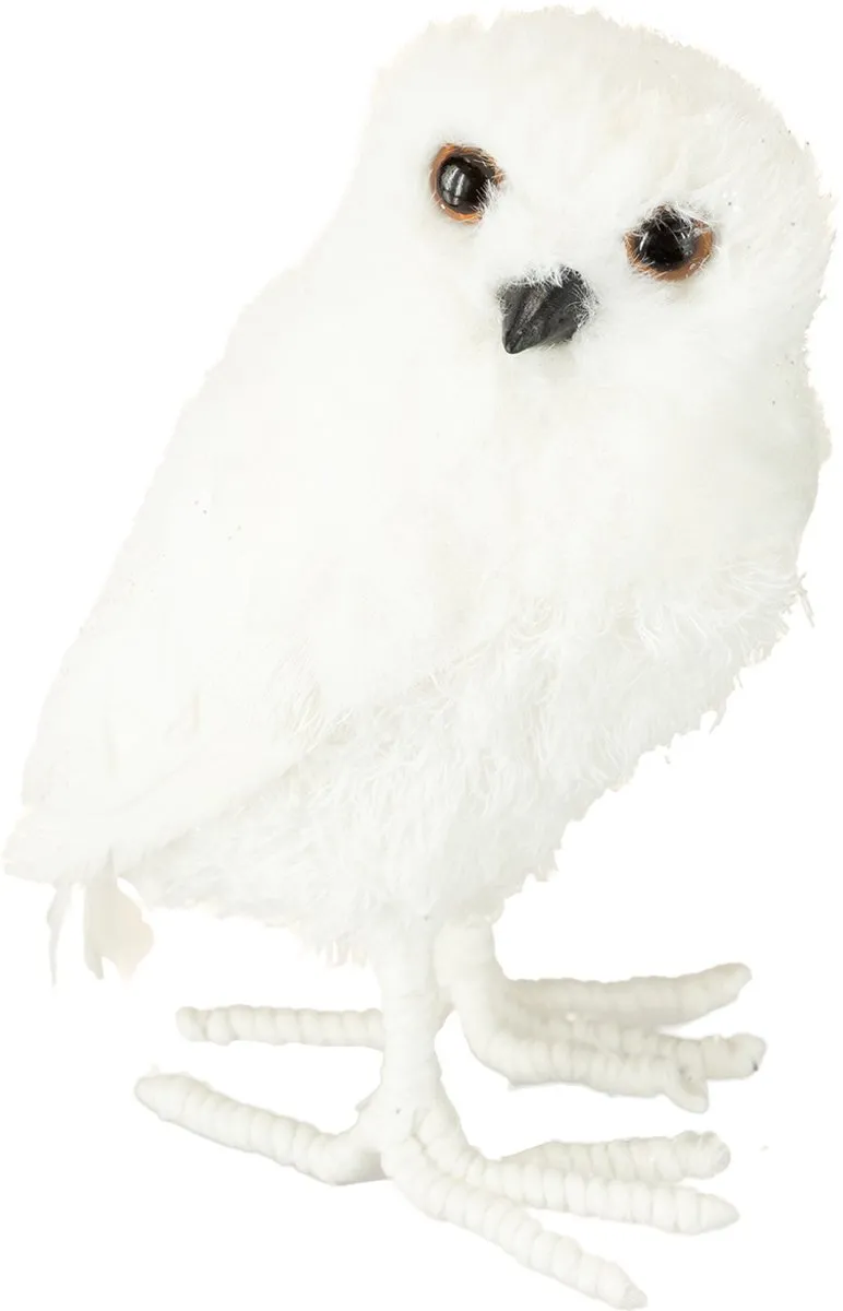 Sneeuwuil decoratieve uil wit met bont en veren 15,5cm 2st, 2 Stück