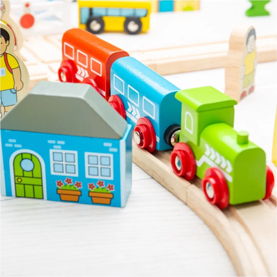 BIGJIGS Houten Treinbaan & Autobaanset 101 Delen