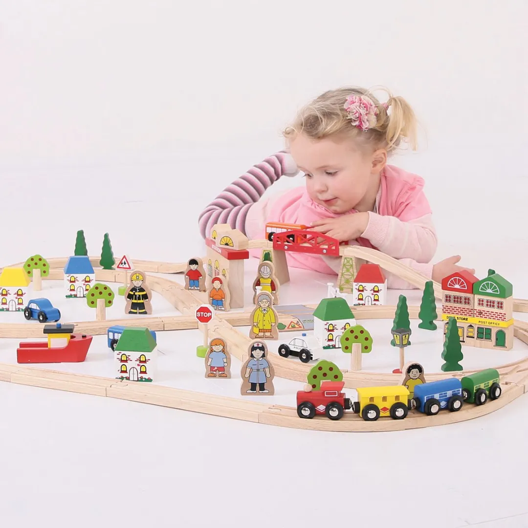 BIGJIGS Houten Treinbaan & Autobaanset 101 Delen