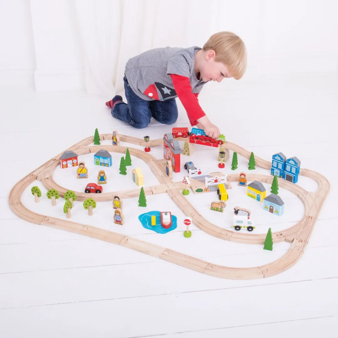 BIGJIGS Houten Treinbaan & Autobaanset 101 Delen