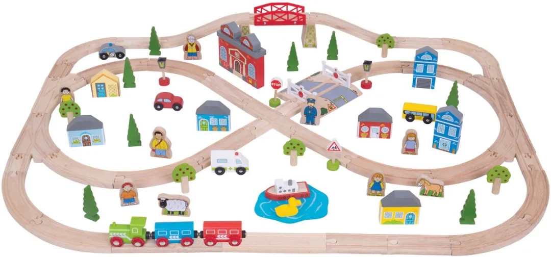 BIGJIGS Houten Treinbaan & Autobaanset 101 Delen