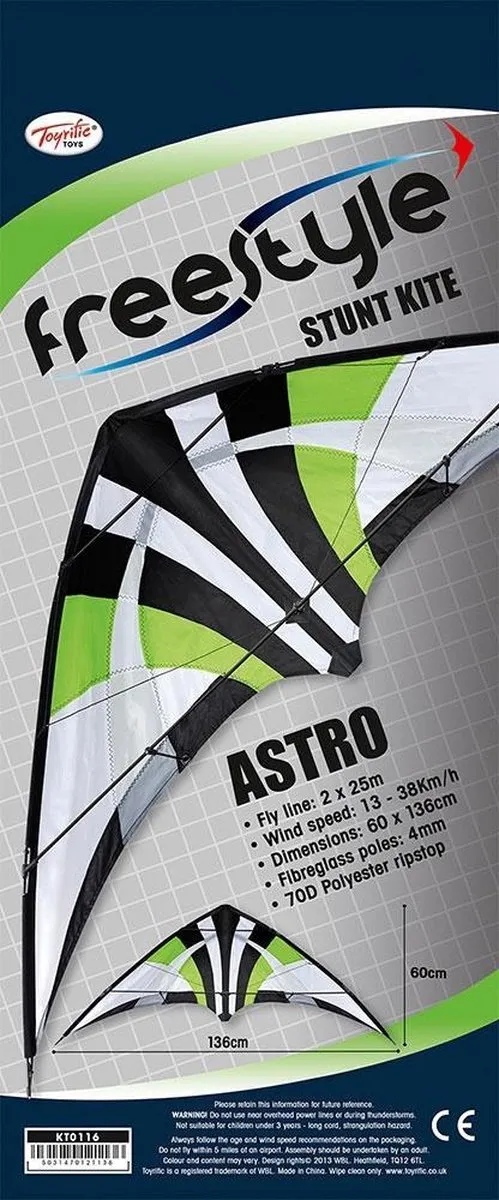 Toyrific Vlieger Astro 136 X 60 Cm Groen - Stuntvlieger met Ripstop Nylon en Glasvezel Frame - Inclusief 25m Vlieglijn