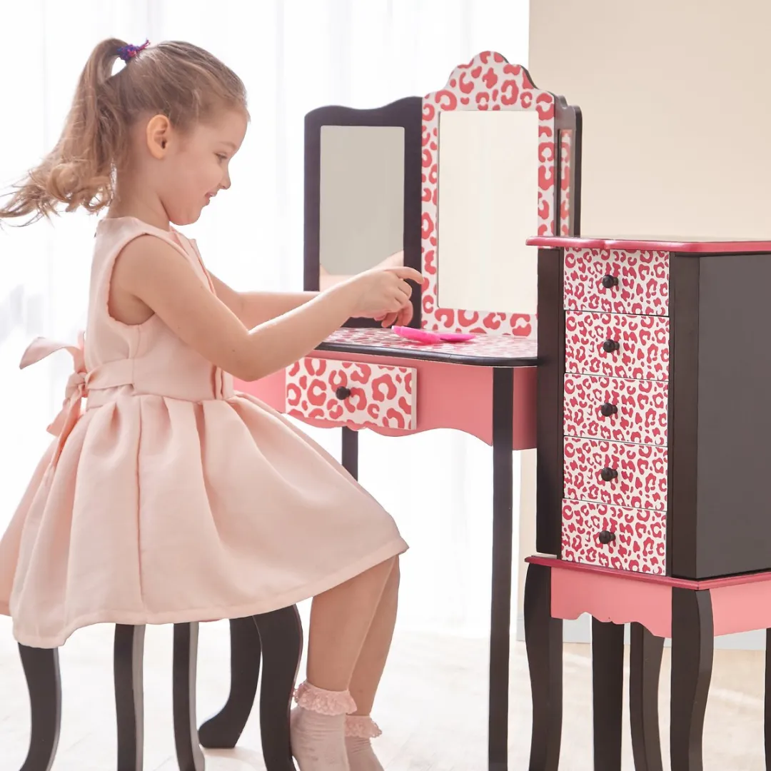 Teamson Kids Houten Kaptafel - Luipaardprint Roze/Zwart