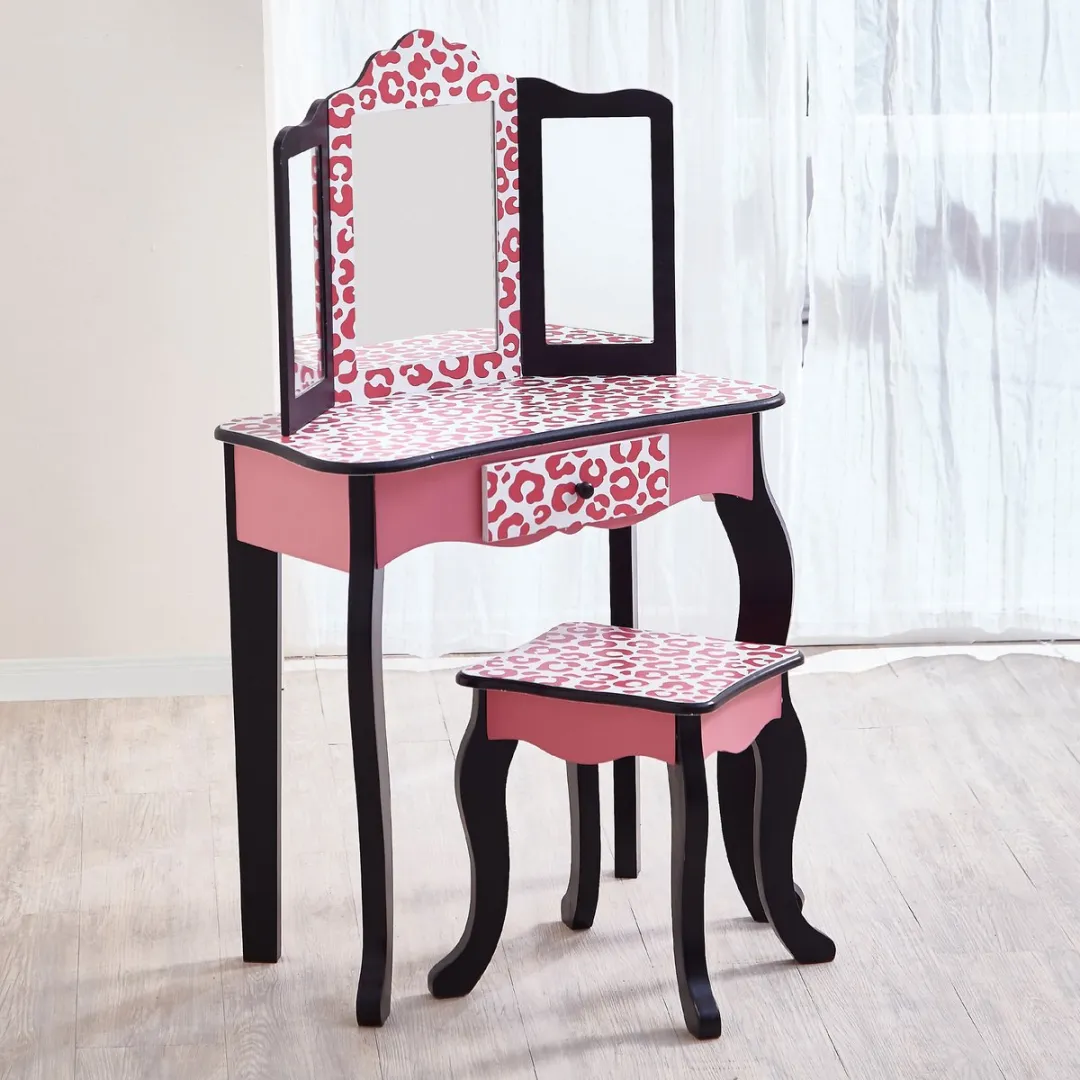 Teamson Kids Houten Kaptafel - Luipaardprint Roze/Zwart