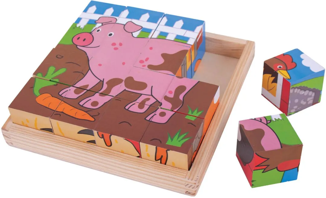 BIGJIGS Houten Blokpuzzel Boerderijdieren BJ798 - 1000 Stuks - 18x18x4cm