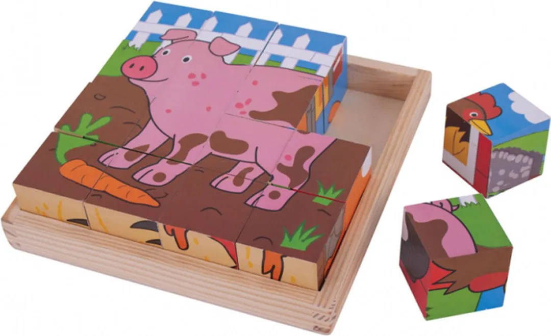 BIGJIGS Houten Blokpuzzel Boerderijdieren BJ798 - 1000 Stuks - 18x18x4cm